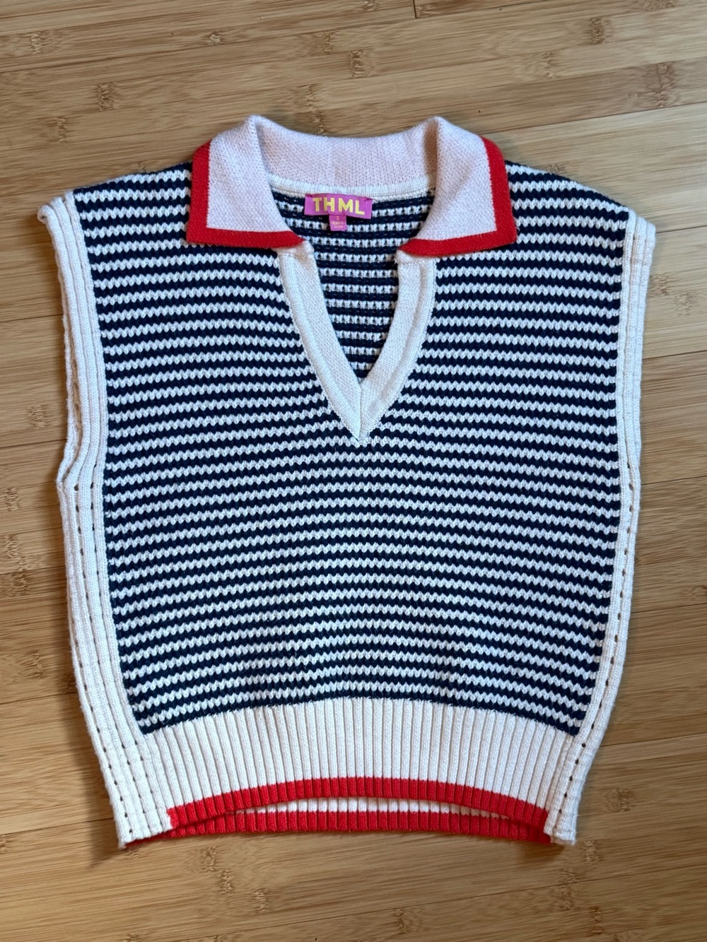 THML Navy & White Striped V-Neck Knit Vest with Red Trim Collar